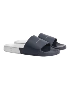 Budget 😉 Tommy Hilfiger Metallic Logo Pool Slides In White/Navy 🔥